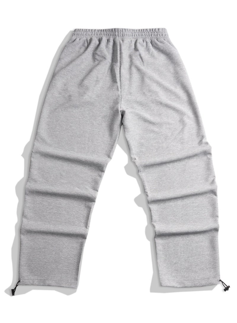 Mens Light Grey Baggy Pants Waffle Knit Wide Leg Parachute Trousers Adjustable Hem Casual Sweatpants Oversized Loose Pants for Men - Image 4